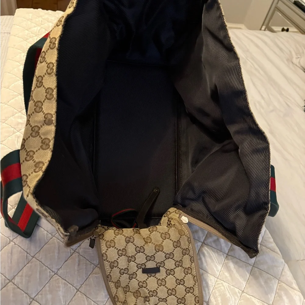 Gucci Monogram Beige Dog Carrier with Red and Green Straps